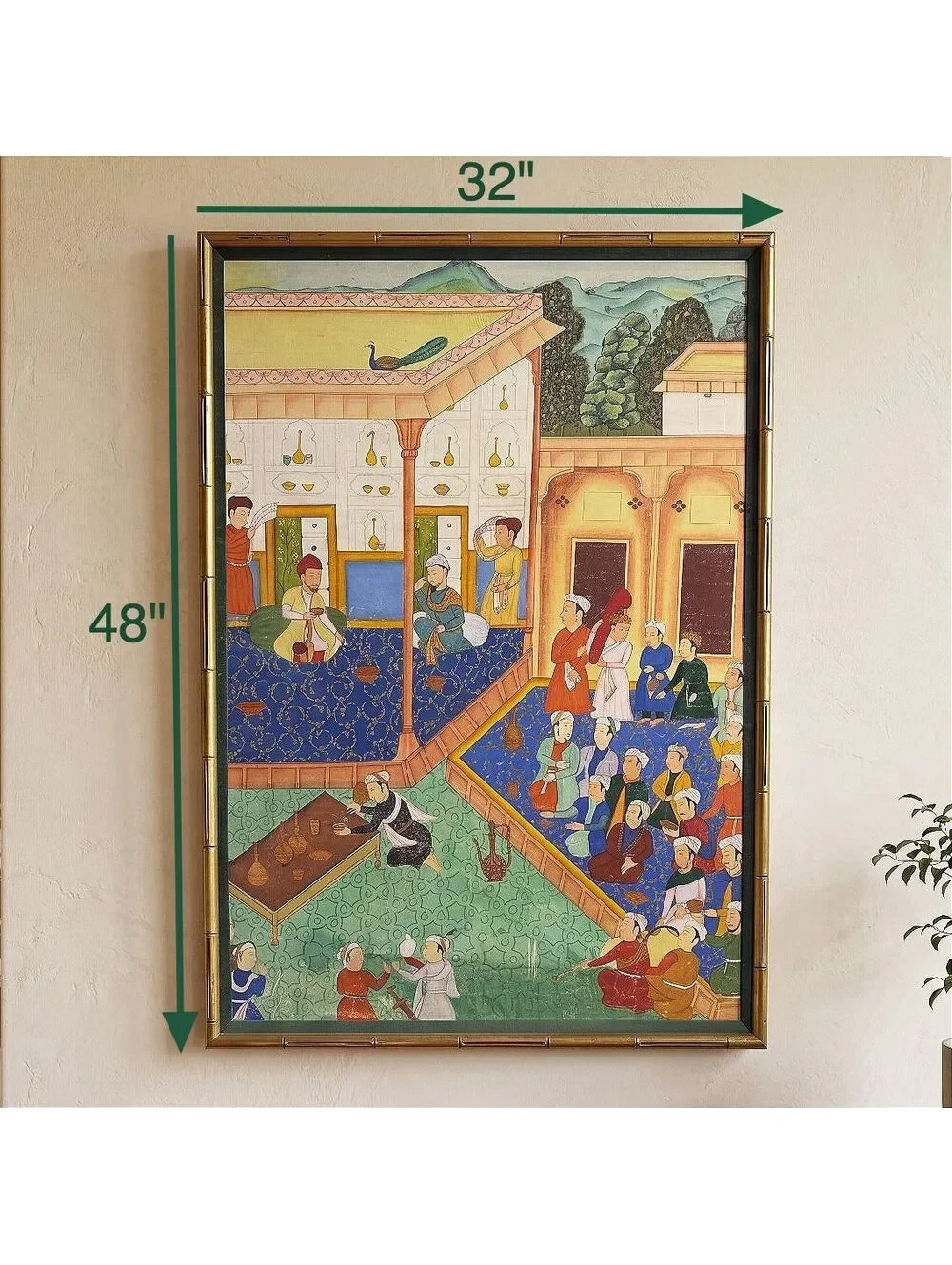 Large Hand Painted Mughal Court Scene Framed Painting Peacock Indian 32x48 inch